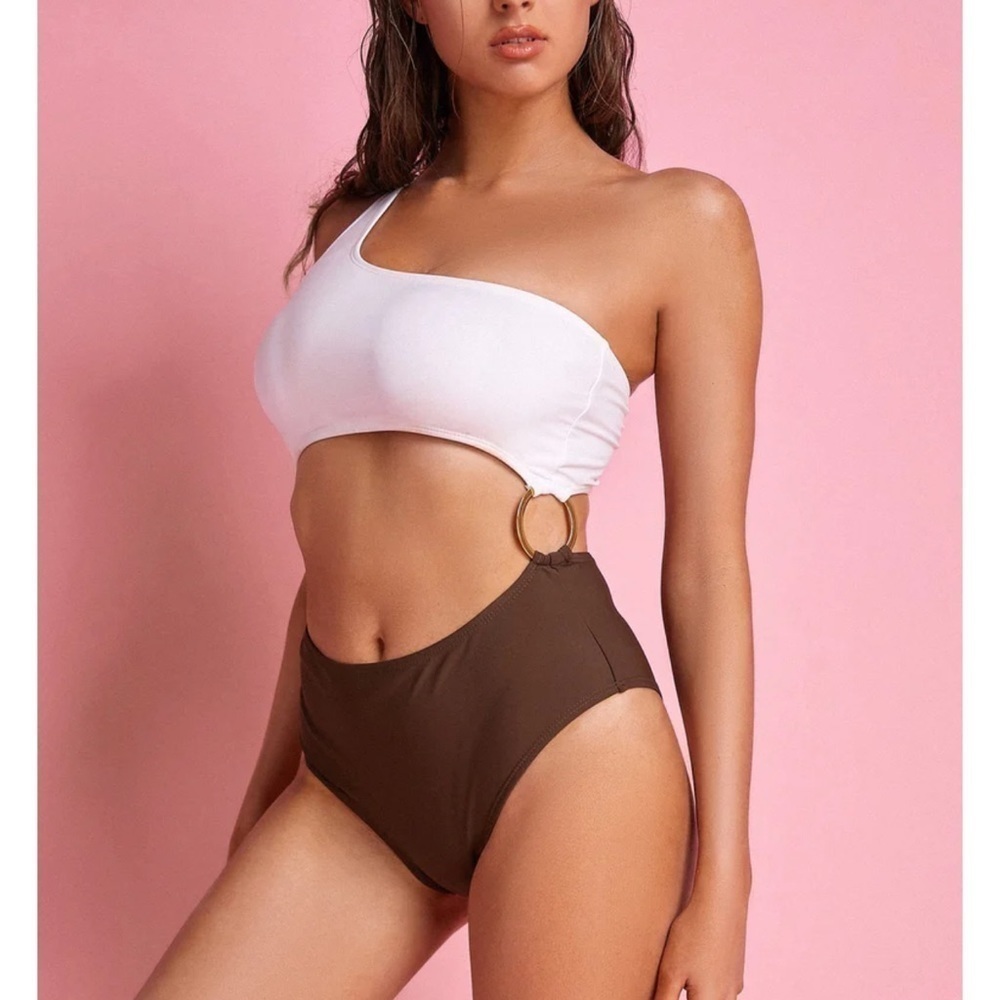 Saddle Brown Linked One-Shoulder One-Piece Swimsuit